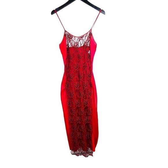 Vintage 1960 BOLD Red & Black Lace Floral Liquid Satin Nylon Maxi long Lingerie - Picture 1 of 10